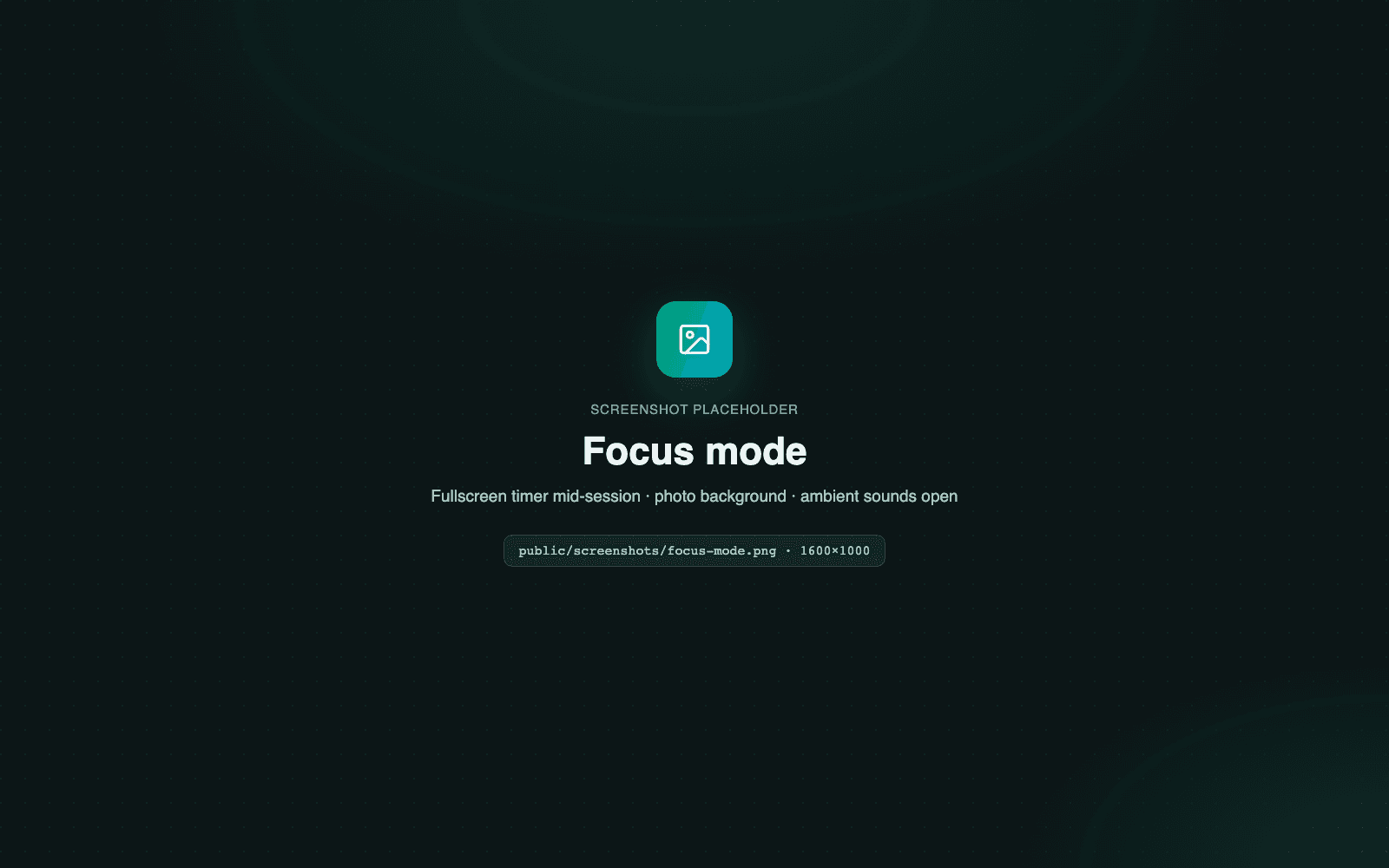 TabOasis focus mode — fullscreen pomodoro timer mid-session over a photo background, ambient sounds panel open