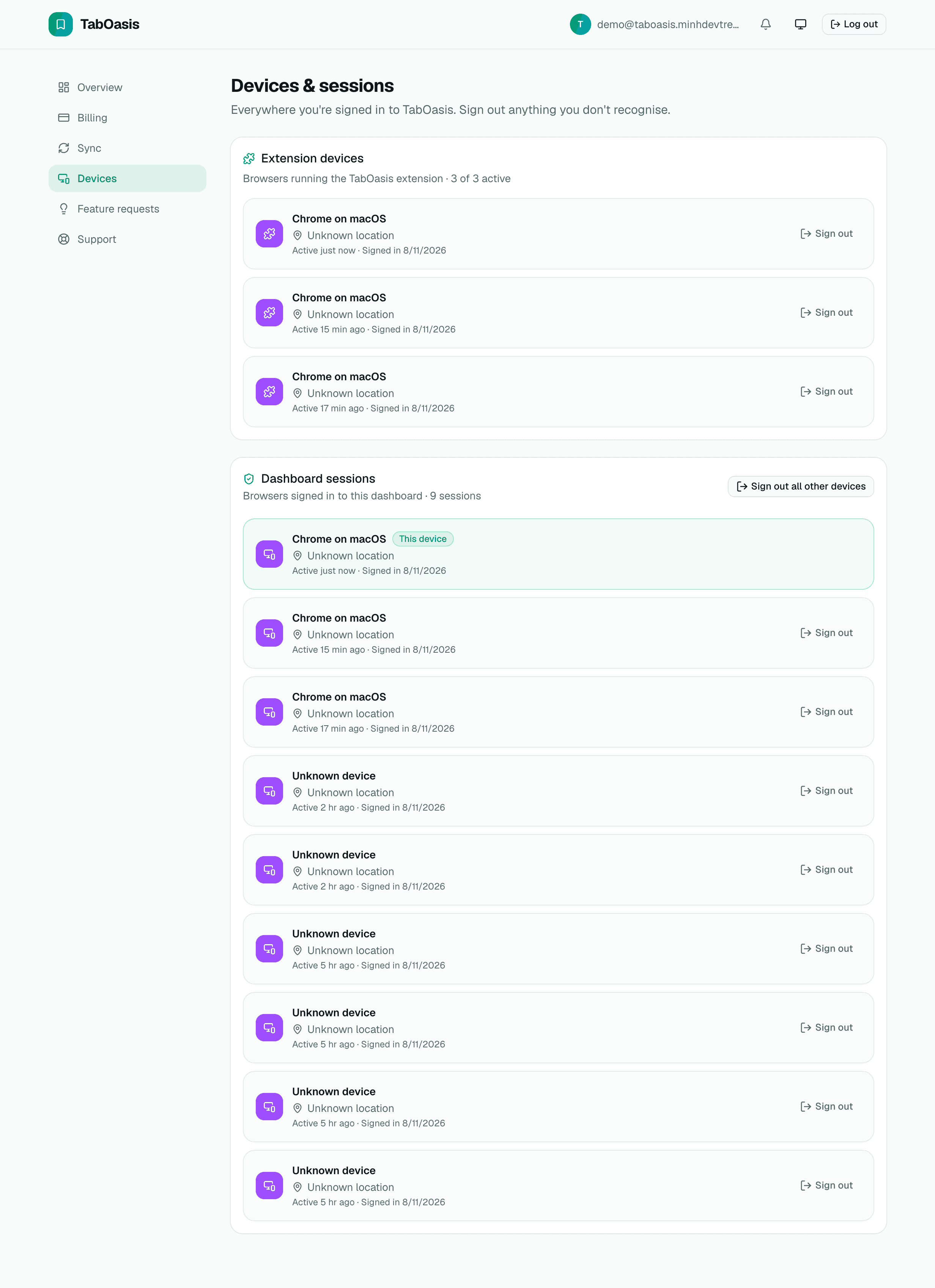 The TabOasis web dashboard's Devices & sessions page, listing 3 active extension devices and 9 dashboard sign-in sessions