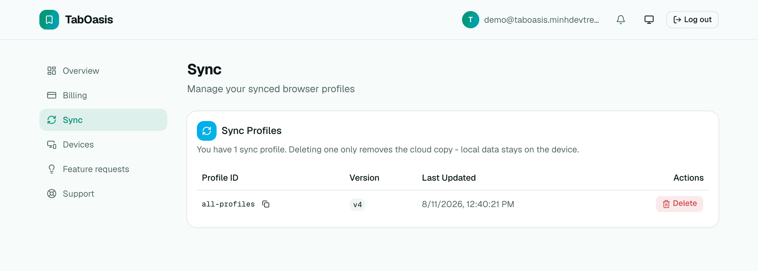 The TabOasis web dashboard's Sync page, listing one synced profile ('all-profiles', version v4) with its last-updated timestamp