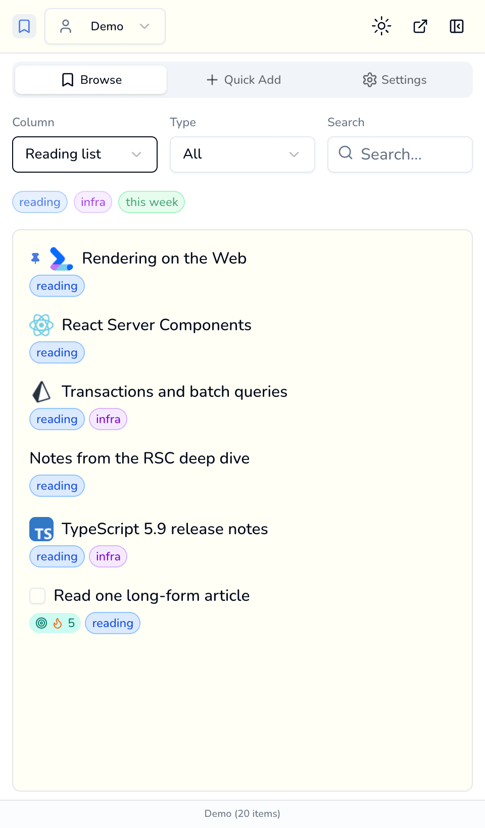The TabOasis side panel, showing the same Browse view as the popup with an extra collapse-panel icon in its header