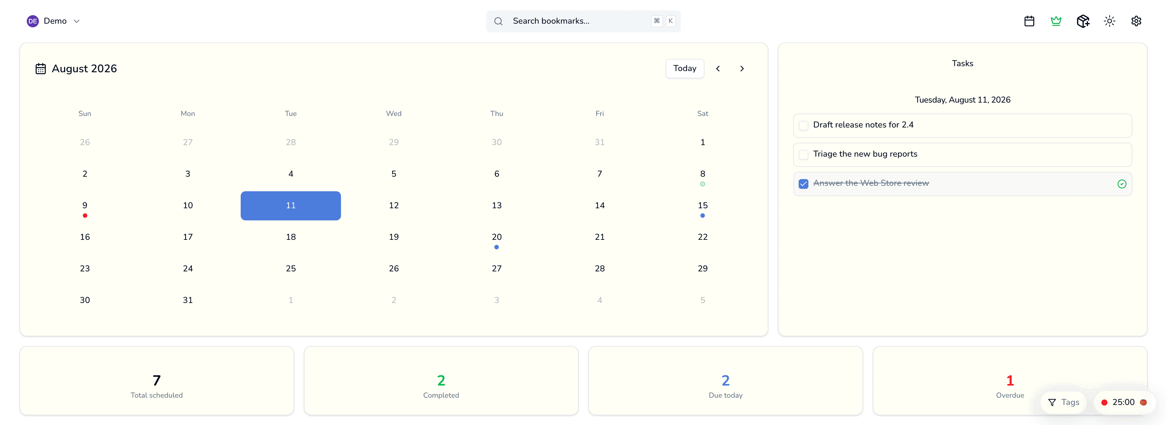 TabOasis new-tab page in Calendar view — August 2026 with due-date markers on several days, today selected, and a Tasks panel for that day plus scheduled/completed/overdue counts