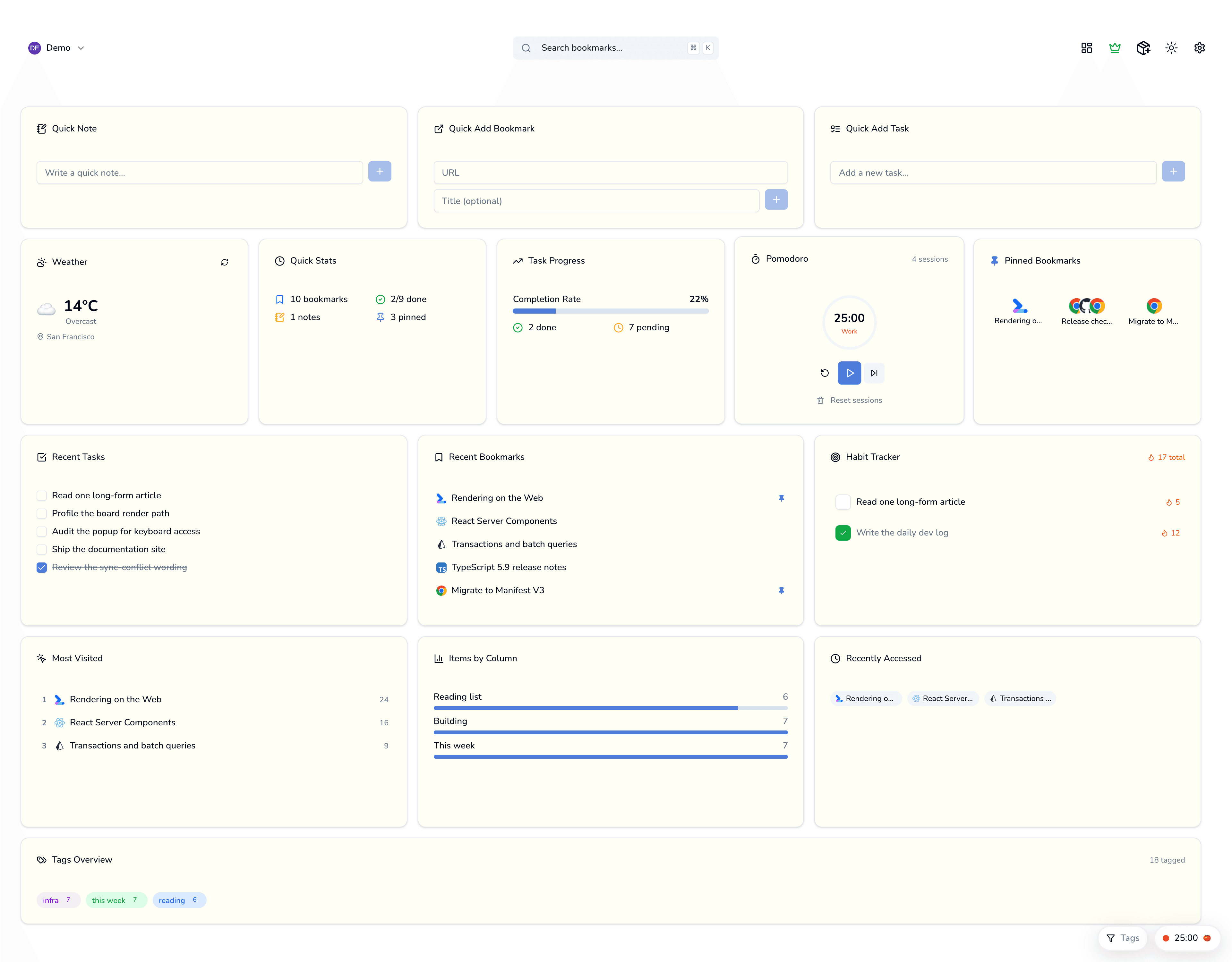 TabOasis new-tab page in Widgets view — a grid of dashboard cards: weather, quick stats, task progress, a Pomodoro timer, pinned bookmarks, recent tasks and bookmarks, a habit tracker, most visited, and a tags overview
